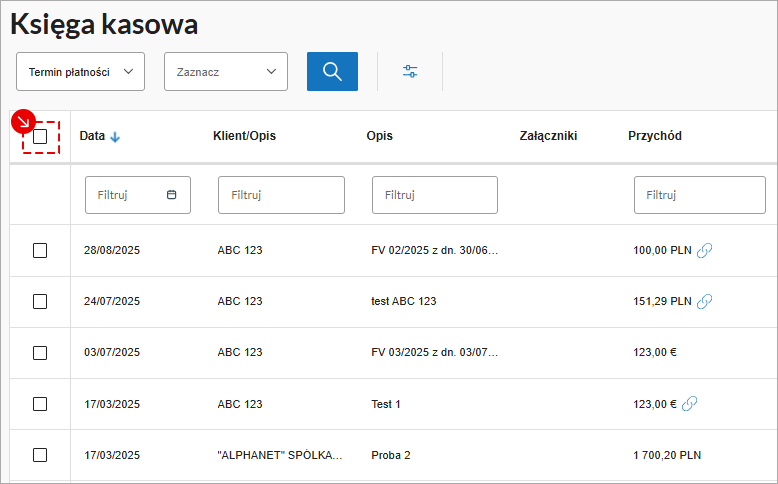 Ekran z tabelą faktur złożonych